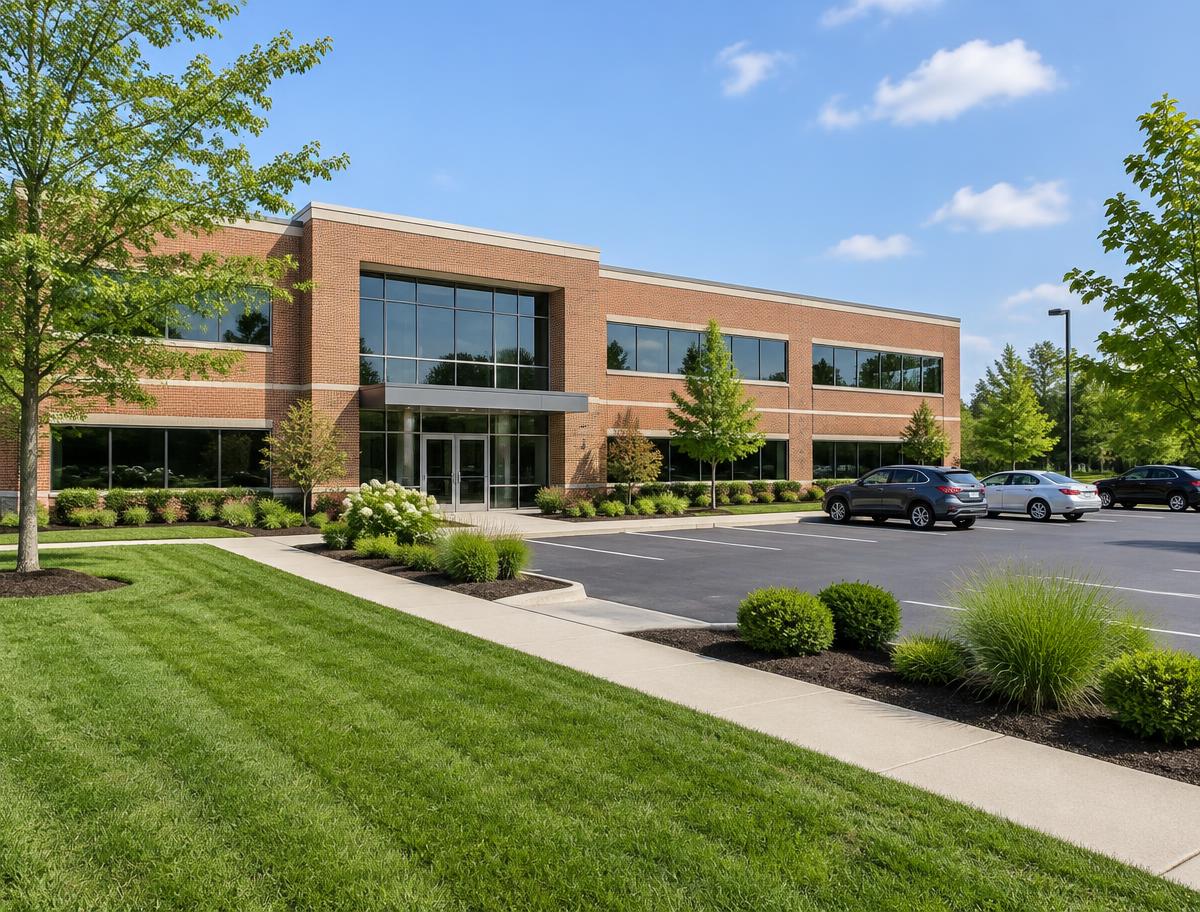 Illustrative commercial office building with maintained lawns and landscape beds
