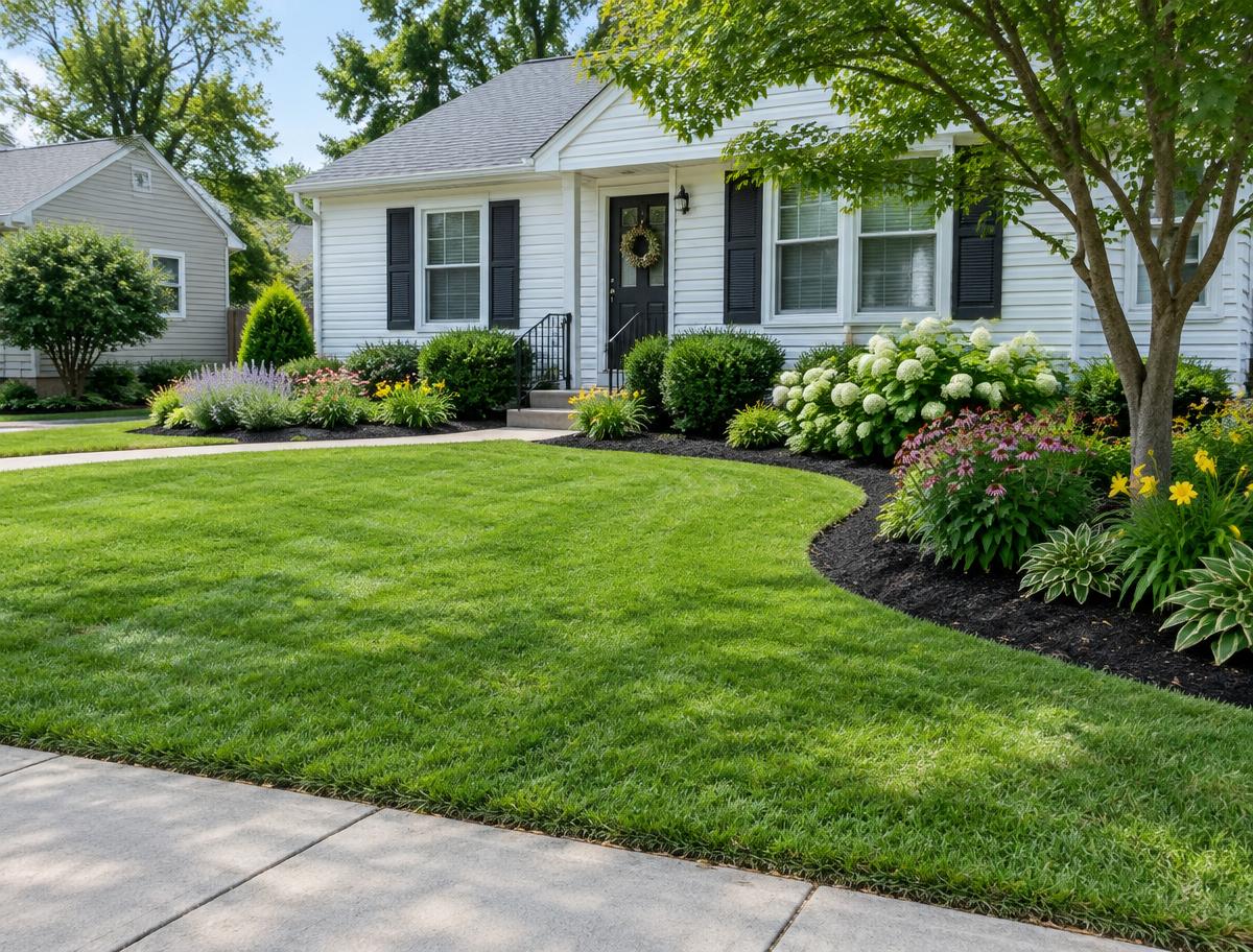 Residential front yard with colorful landscaping and a maintained lawn