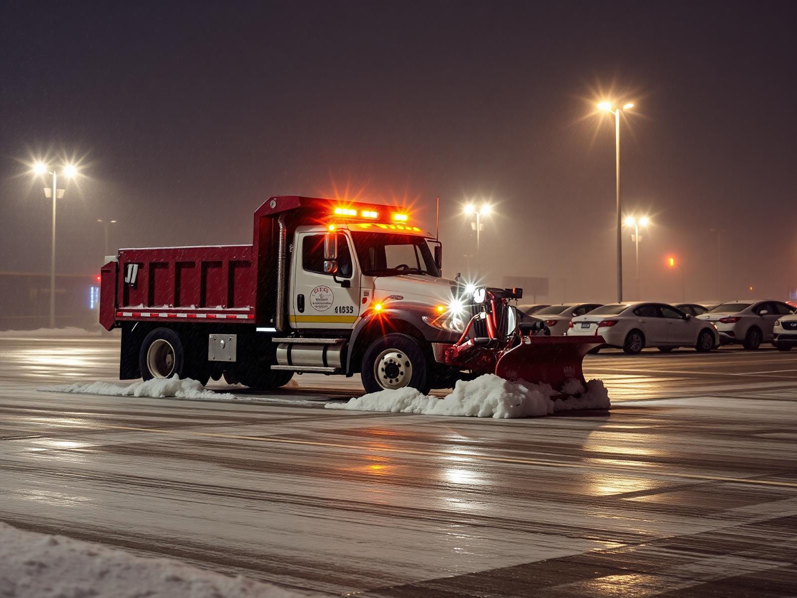 Snow plow clearing a commercial parking lot at night