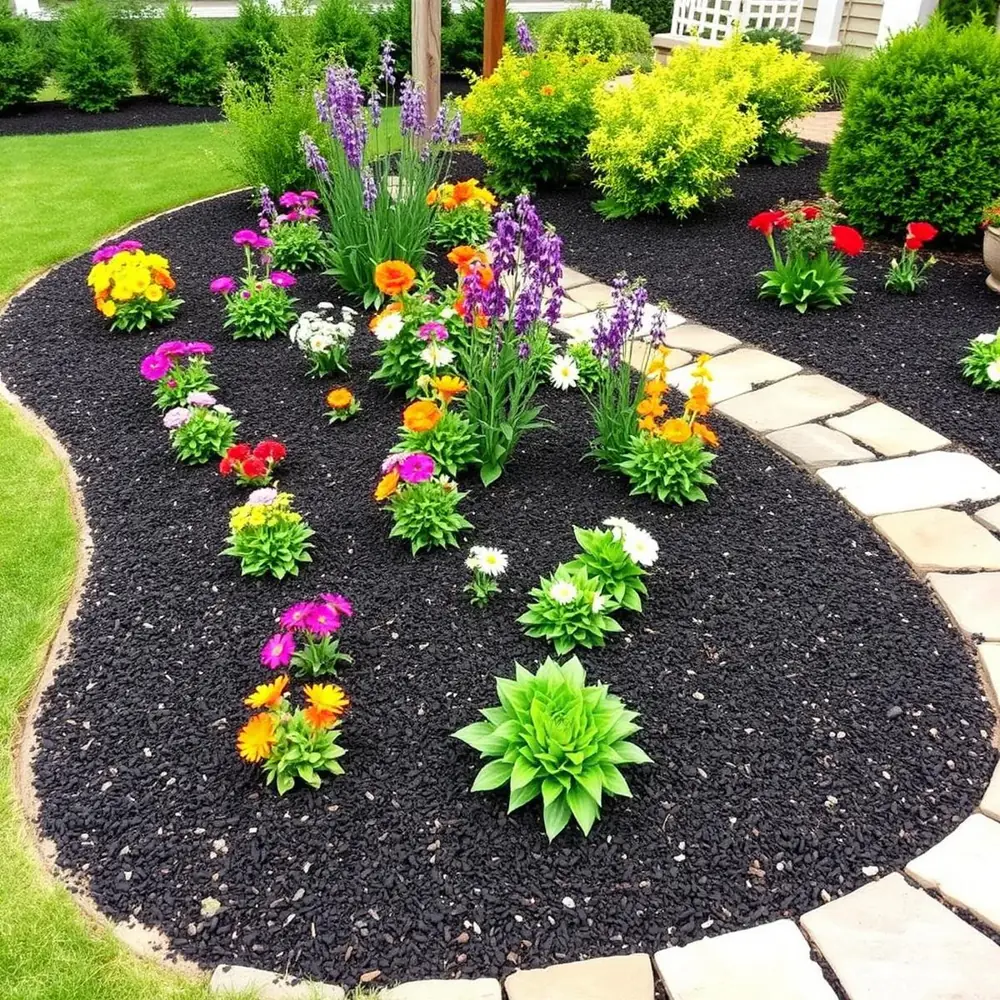 Residential landscape inspiration with mulched garden beds and planting