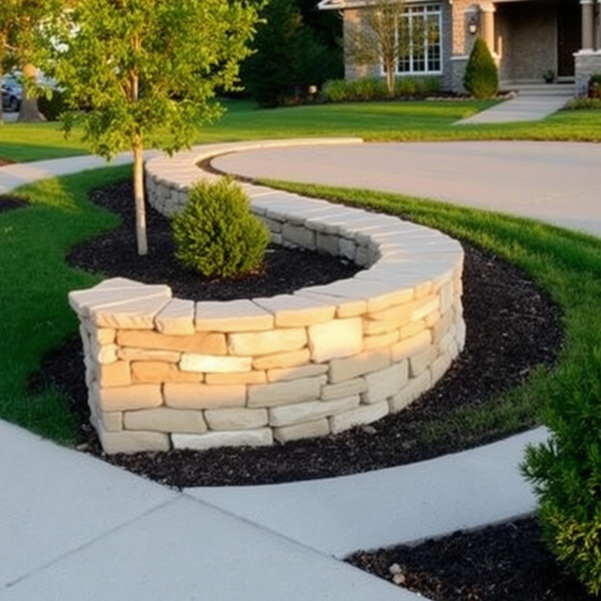 Residential stone retaining wall with mulched landscape beds